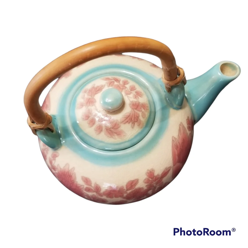 Vintage Pier 1 Imports Ceramic Teapot Pink & Blue W Removable Bamboo Handle